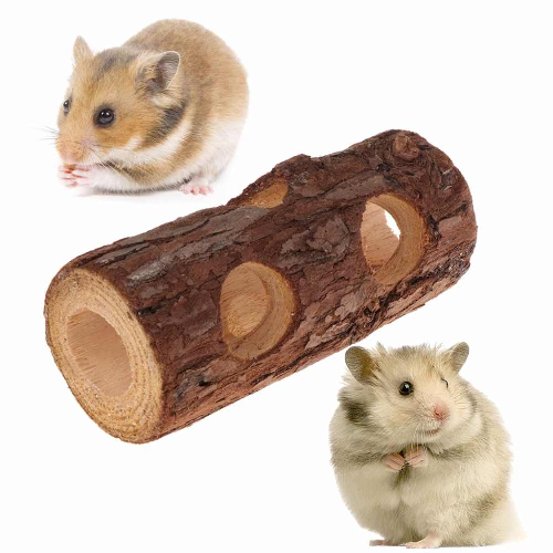 Two hamsters with a wooden tunnel toy for small pets on a white background