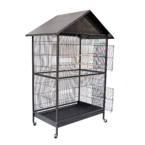 Large black metal bird cage with slanted roof and wheels, pet accessories