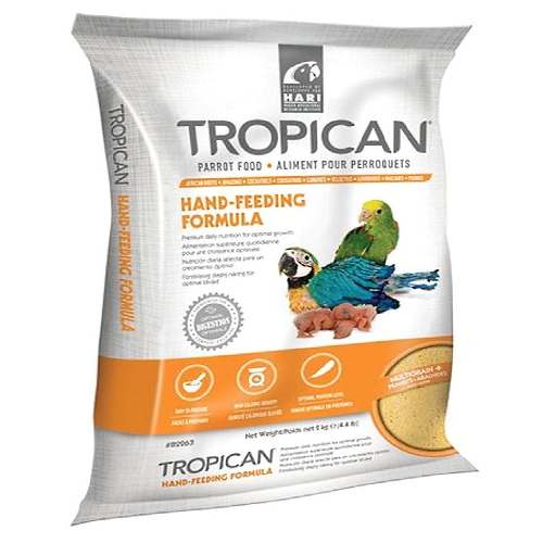 Tropican parrot hand-feeding formula bag with illustrated parrots and product details.