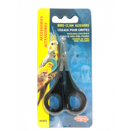 Bird claw scissors for pet grooming in retail packaging with images of colorful birds.
