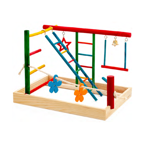 Colorful wooden bird playground with ladder, swing, and hanging toys for pet birds