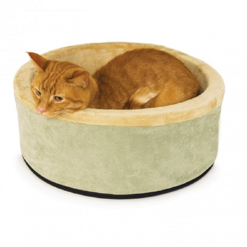Ginger cat resting in a round plush cat bed, soft beige and green pet bed