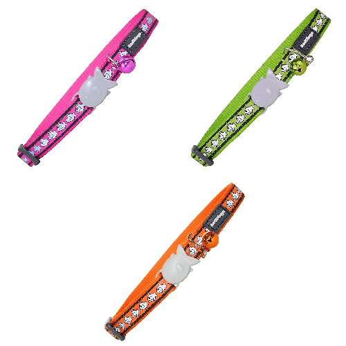 Pink, green, and orange cat collars with paw print designs and bell charms