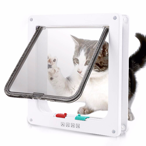 Cat using a white pet door with a transparent flap, ideal for indoor and outdoor cats.
