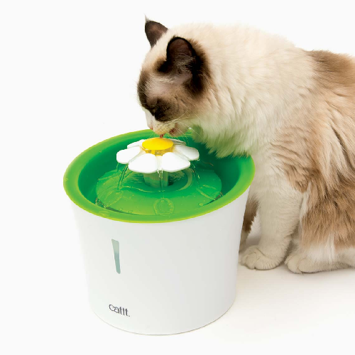 Cat drinking from flower-style automatic water fountain pet feeder