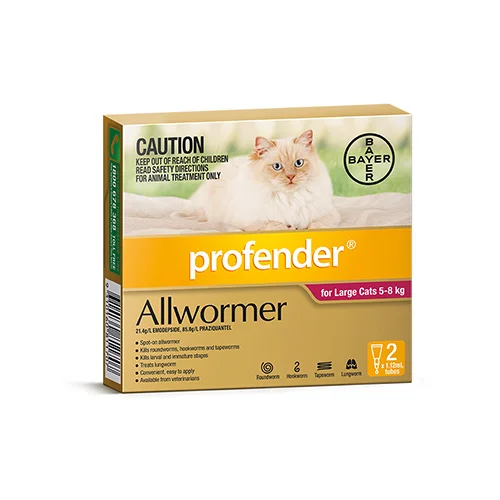 Profender allwormer for large cats box with image of a white cat, parasite control, 2 tablets
