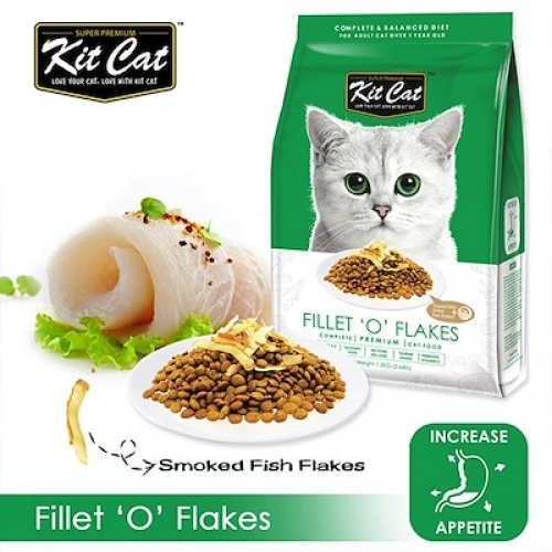 Kit Cat Fillet 'O' Flakes cat food packaging, dry kibble, and smoked fish on white background