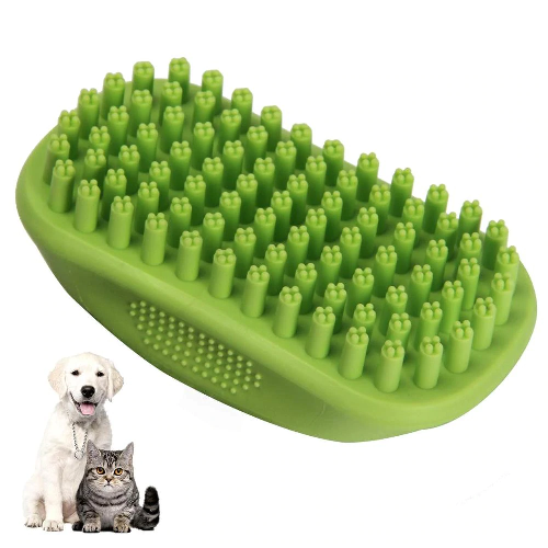 Green silicone pet grooming brush with bristles, pictured with a dog and cat