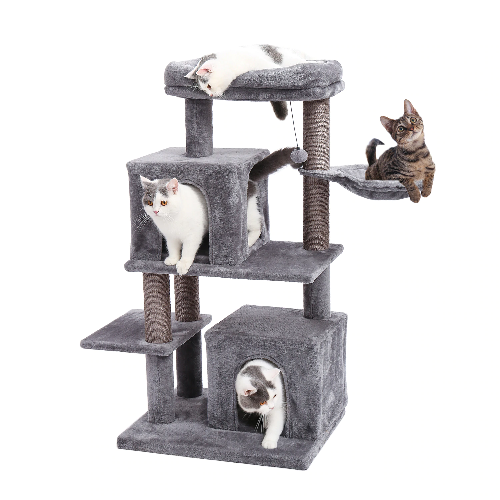 Multiple cats playing on a large gray cat tree scratcher with platforms and condos.