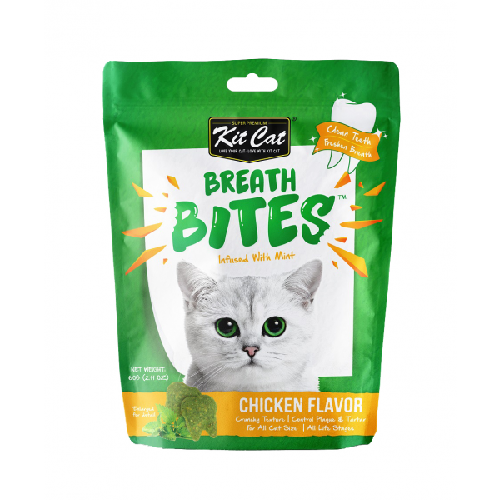 Kit Cat Breath Bites chicken flavor cat treats bag with cat image and green packaging
