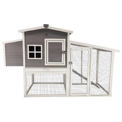 Large outdoor chicken coop with grey and white wood, mesh run, and double doors