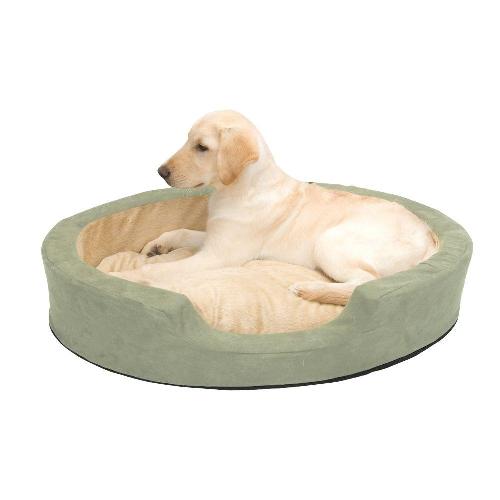 Labrador retriever dog lying on a round green plush dog bed, pet supplies product.