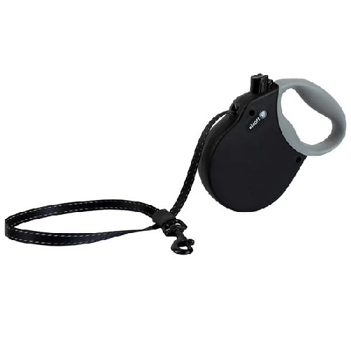Black retractable dog leash with ergonomic handle on white background