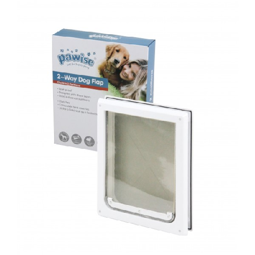 2-way dog door flap for pets, with product box showing a dog and woman, pet supplies accessory