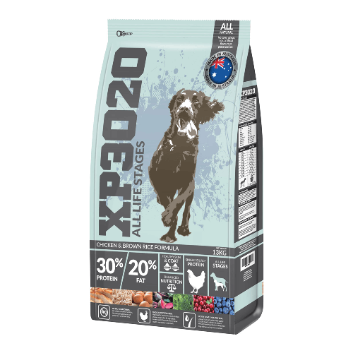 XP3020 chicken and brown rice dog food bag with dog image, protein and fat content info