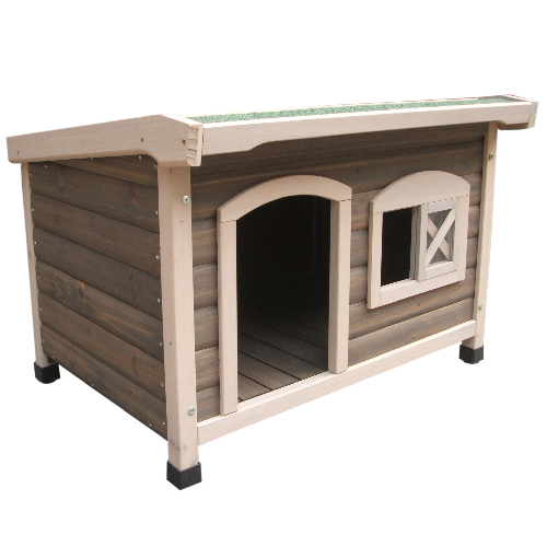 Wooden dog kennel with raised floor, arched doorway, and small window, pet supplies