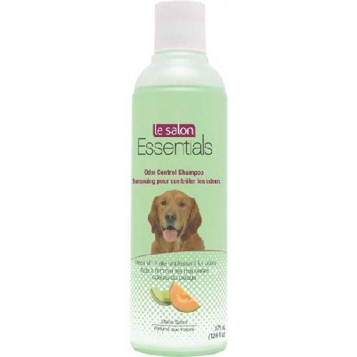 Dog odor control shampoo bottle with melon scent, pet grooming product, green label