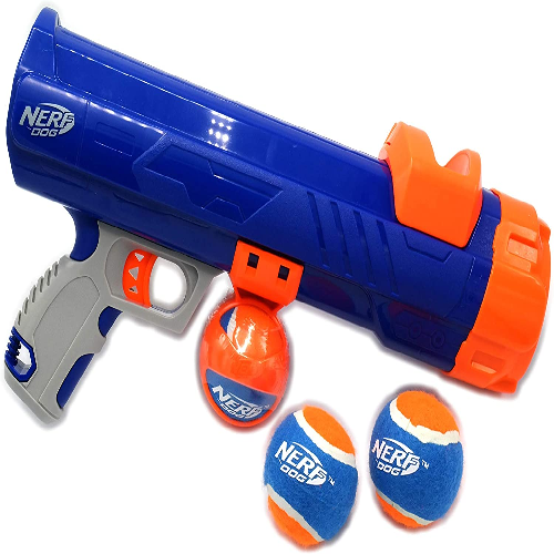 Blue Nerf Dog ball launcher with three orange and blue tennis balls for pets.