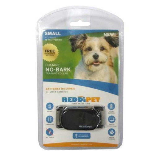 Humane no-bark training collar for small dogs in retail packaging with pet photo.