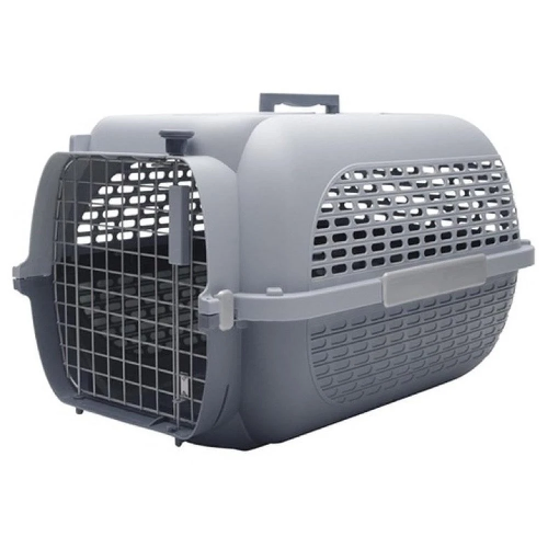 Grey plastic dog travel carrier crate with metal door for pet transport