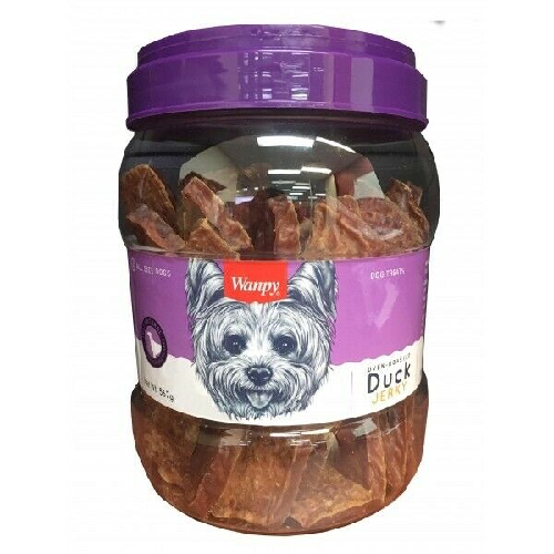 Large jar of duck jerky dog treats with purple lid and label featuring a dog illustration