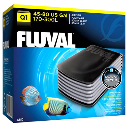 Box of FLUVAL Q1 fish tank air pump with dual output, colorful fish illustration