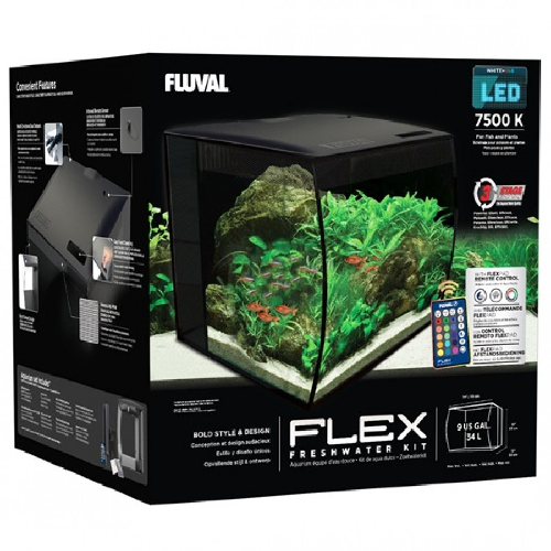 Fluval Flex freshwater aquarium kit with LED lighting, plants, rocks, and remote control
