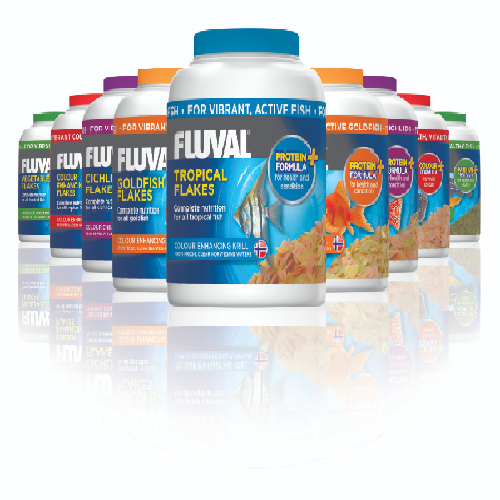 Assorted Fluval fish food containers for tropical fish, goldfish, and aquatic pets.