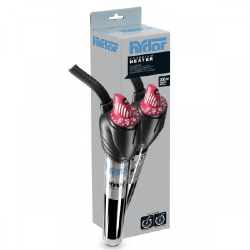 Aquarium heater with adjustable temperature for fish tanks, black and pink design in packaging