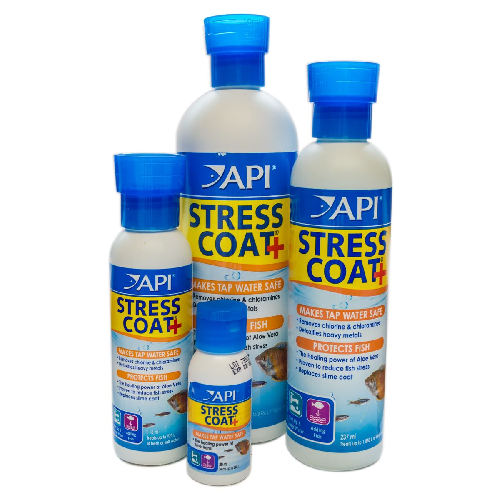 Assorted bottles of API Stress Coat Plus fish water conditioner for aquariums