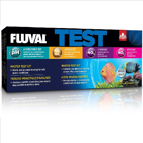 Fluval aquarium water test kit box with fish images and test indicators for pH, ammonia, nitrite, nitrate