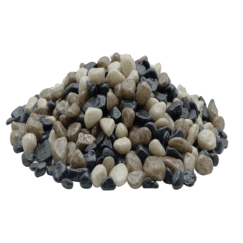 Pile of mixed black, beige, and tan aquarium gravel substrate for fish tanks and reptile habitats