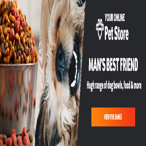Dog food bowl and happy dog with pet store and dog supplies text banner