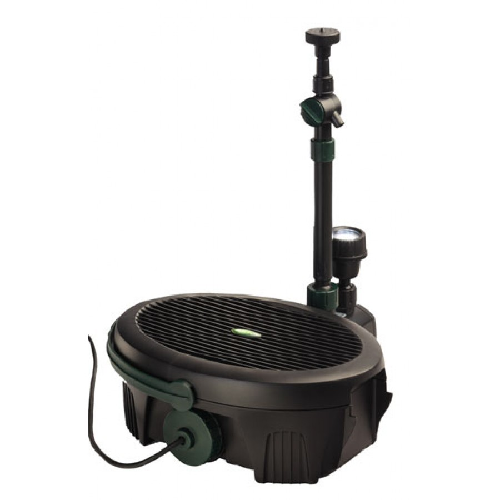 Pond filter pump with fountain attachment for outdoor water garden or fish pond