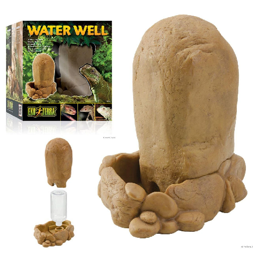 Reptile water well accessory with natural rock design for terrarium hydration.
