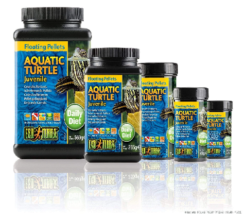 Various sizes of aquatic turtle juvenile floating pellets reptile food containers with turtle image on labels.