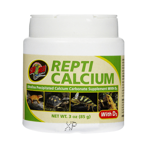 Reptile calcium supplement with D3, white container featuring reptiles on label