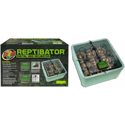 Reptile digital egg incubator with adjustable temperature, shown in packaging and set up with eggs.