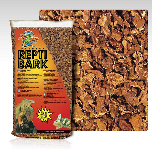 Bag of reptile bark substrate with close-up of natural bark pieces for reptile enclosures