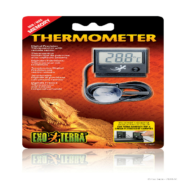 Digital reptile thermometer with probe for terrariums, Exo Terra packaging, lizard photo