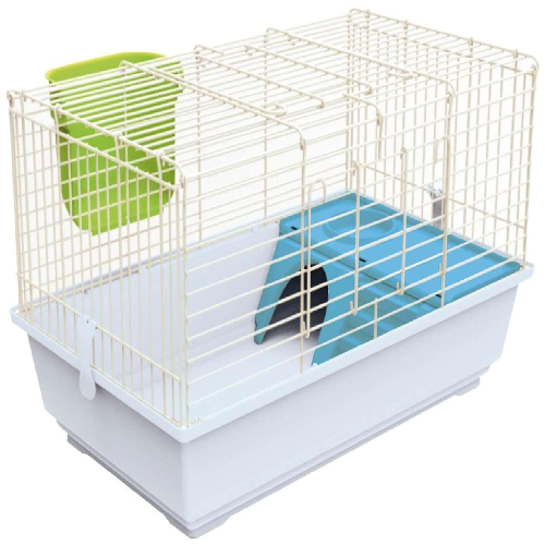 Small animal cage with white wire top, blue ramp, and green food dish for pets