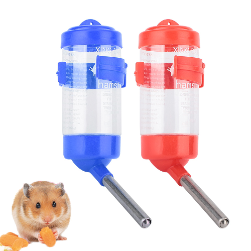 Blue and red small animal water bottles with a hamster beside carrot slices