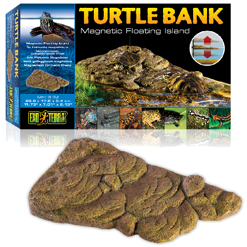 Turtle Bank magnetic floating island for reptiles, shown in packaging and out for aquariums