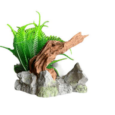 Aquarium Ornament Rock with Driftwood and Fern
