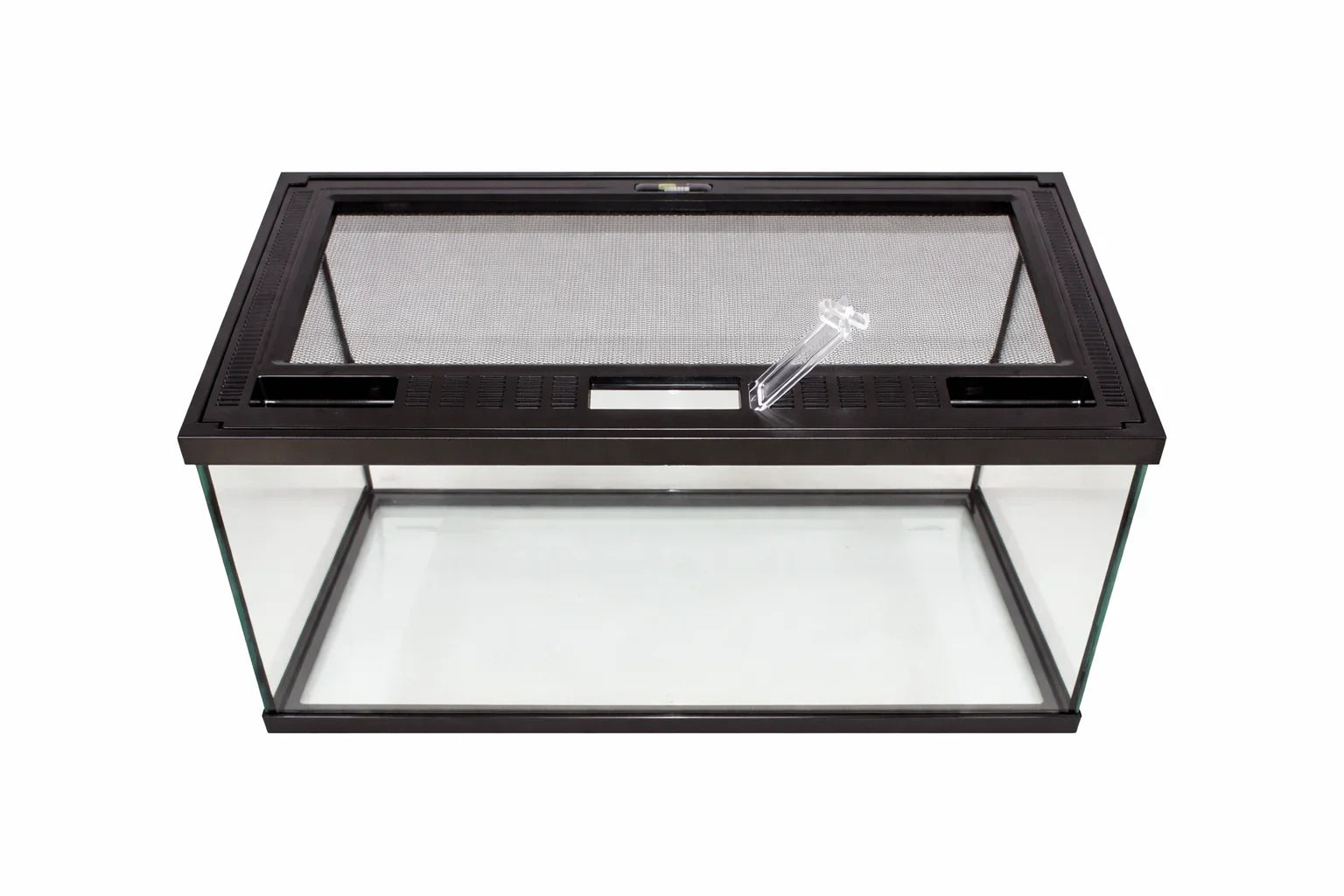 Glass reptile enclosure with mesh top, secure latch, and ventilation, ideal for reptiles or aquariums