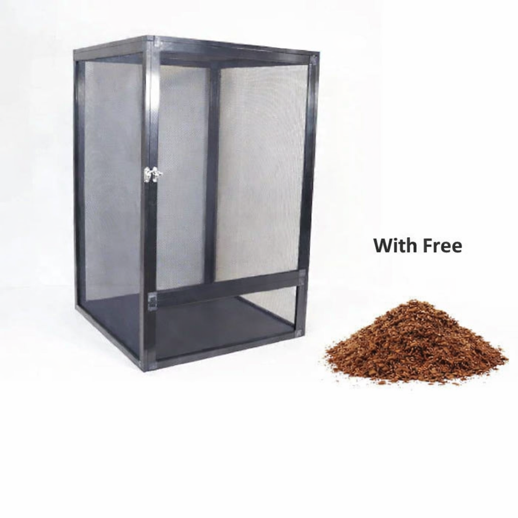 Mesh stick insect enclosure cage with free substrate on white background