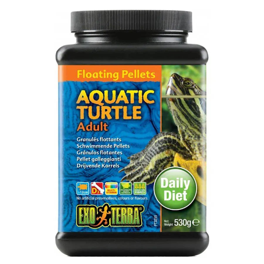 Exo Terra aquatic turtle food adult pellets 530g container with turtle image and daily diet label