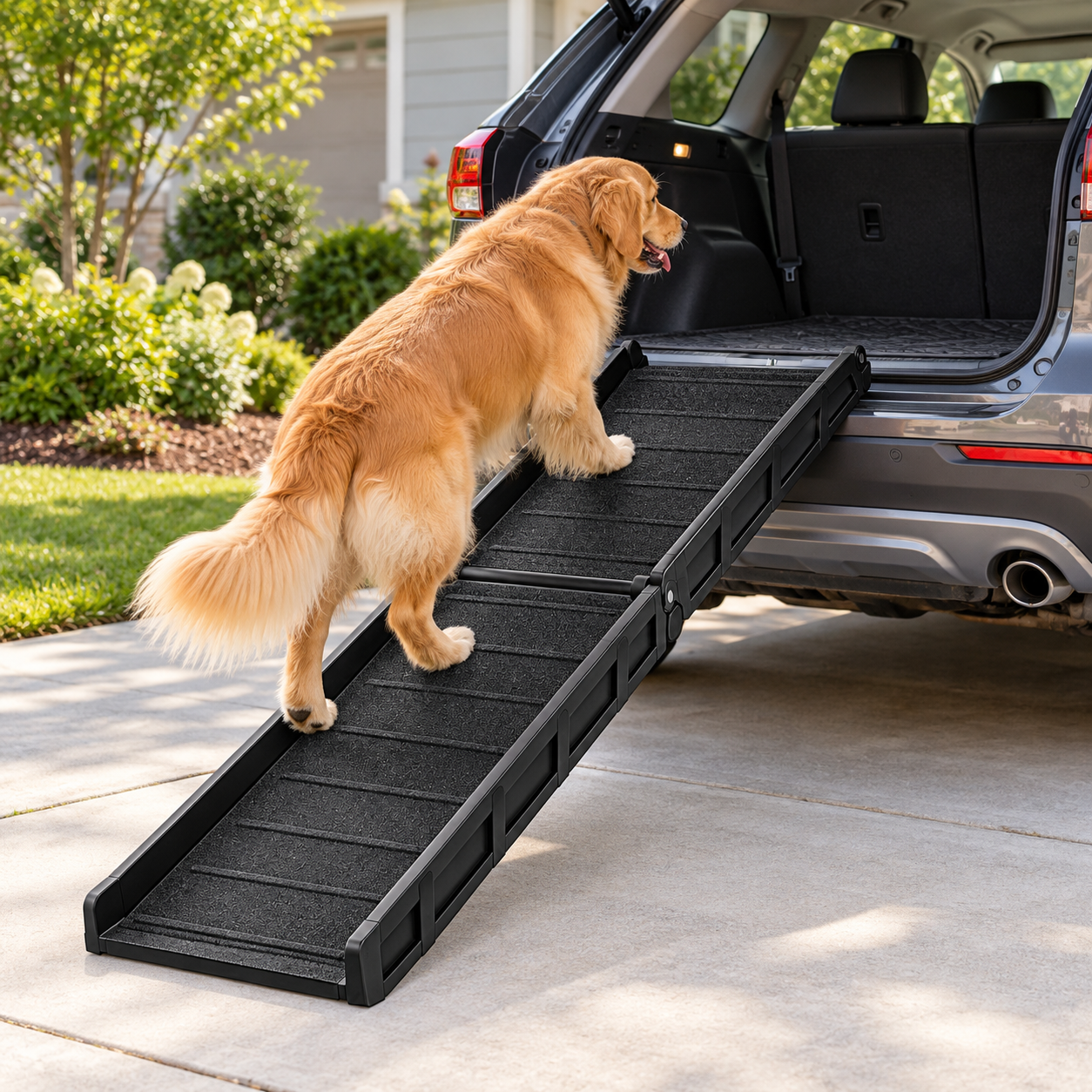 Golden Retriever using a FurKidz portable folding dog ramp to enter a car SUV