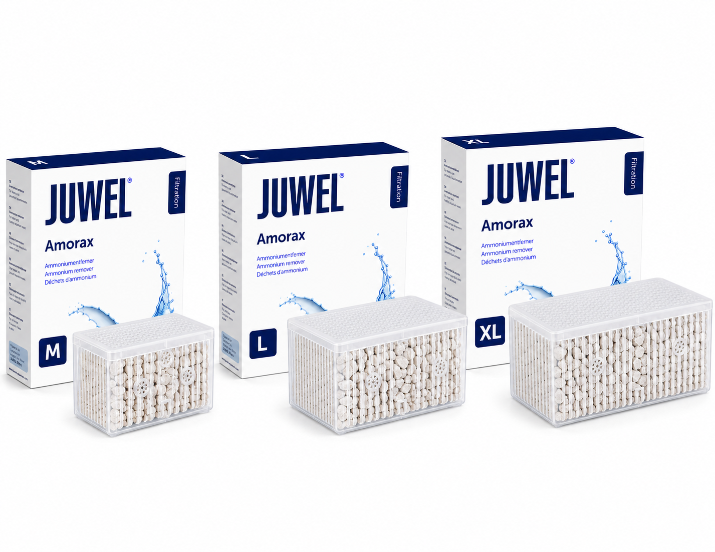 Three sizes of JUWEL Amorax ammonium remover filter media kits for aquariums.