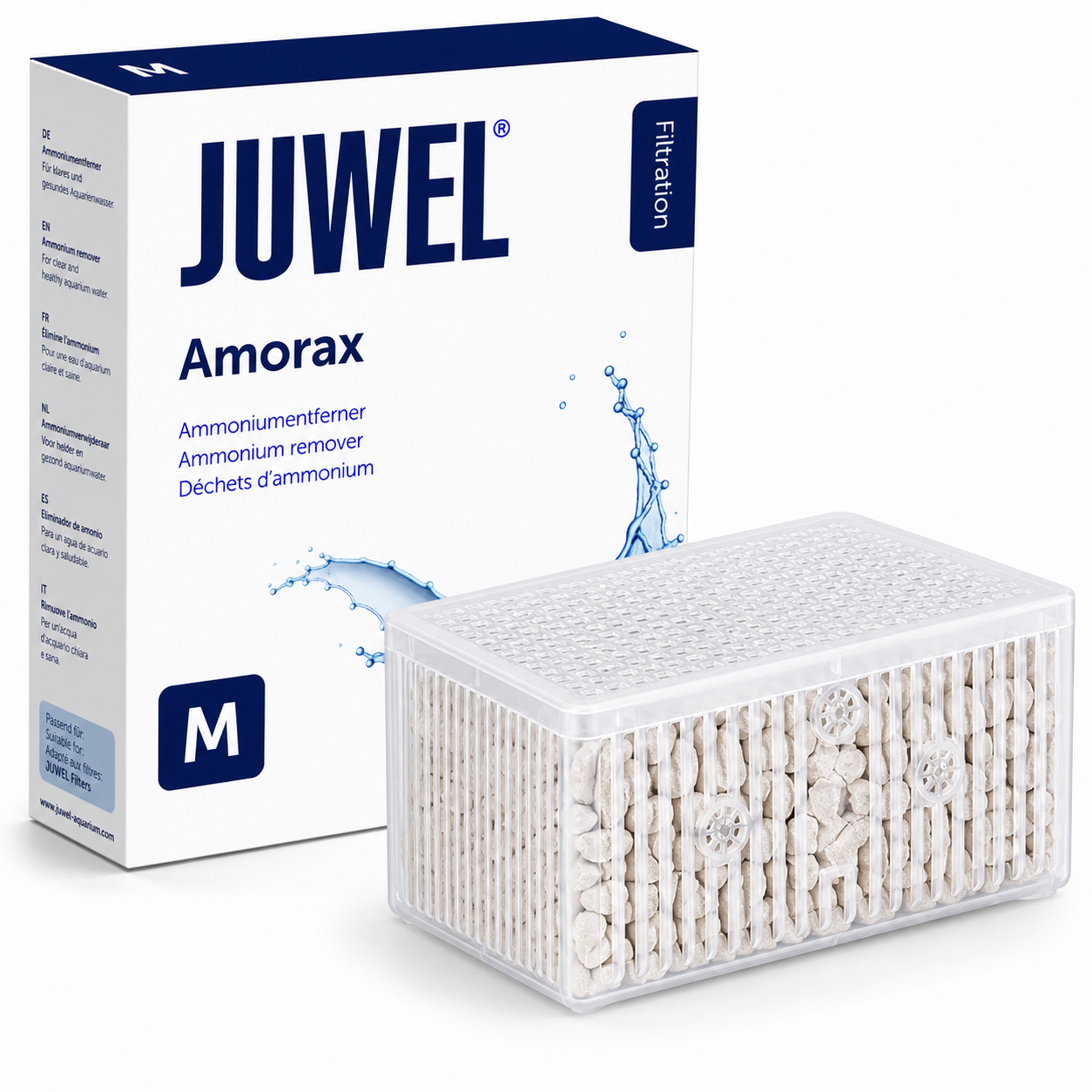 JUWEL Amorax Ammonium Remover filter media in box and transparent container